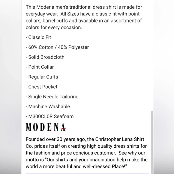 Modena Men’s Big and Tall Button Down Solid Long Sleeve Shirt Size 20 38/39 - Picture 5 of 5